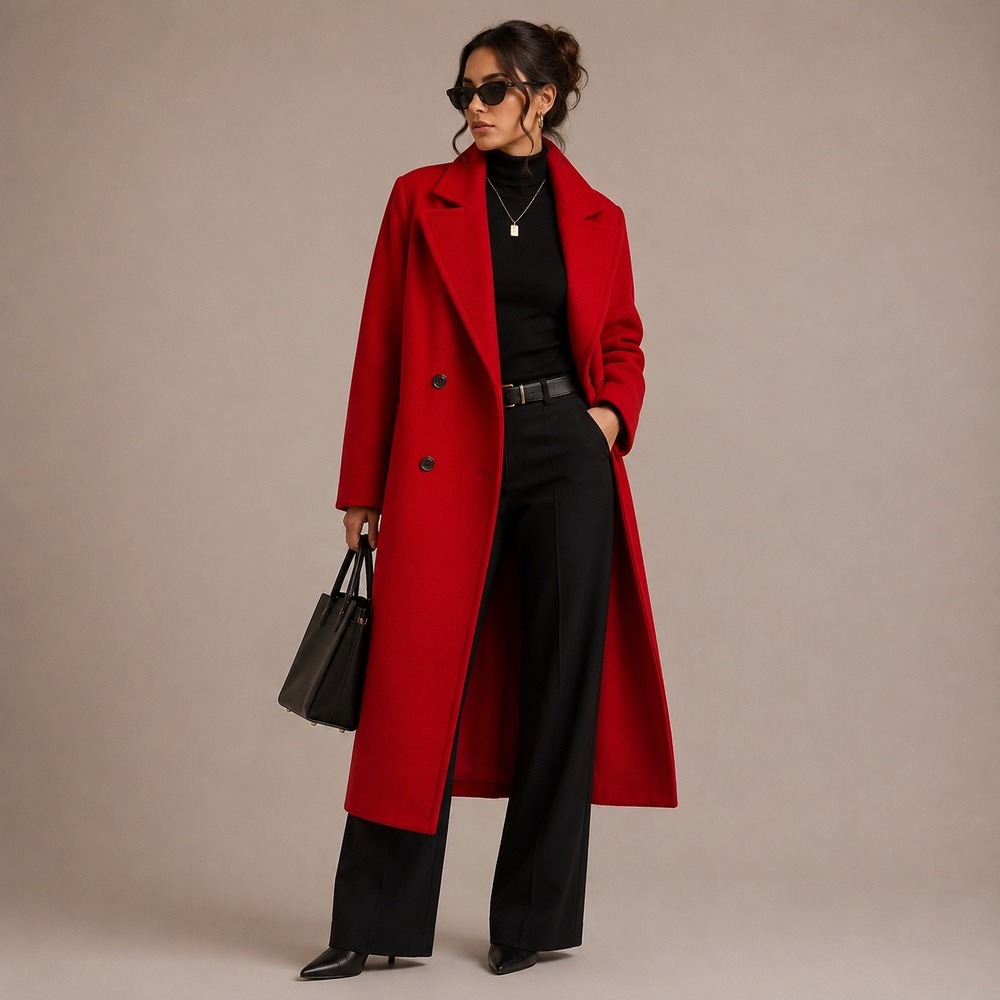 Vintage Red Wool Double Breasted Long Coat L USA Minimalist Tailored Preppy